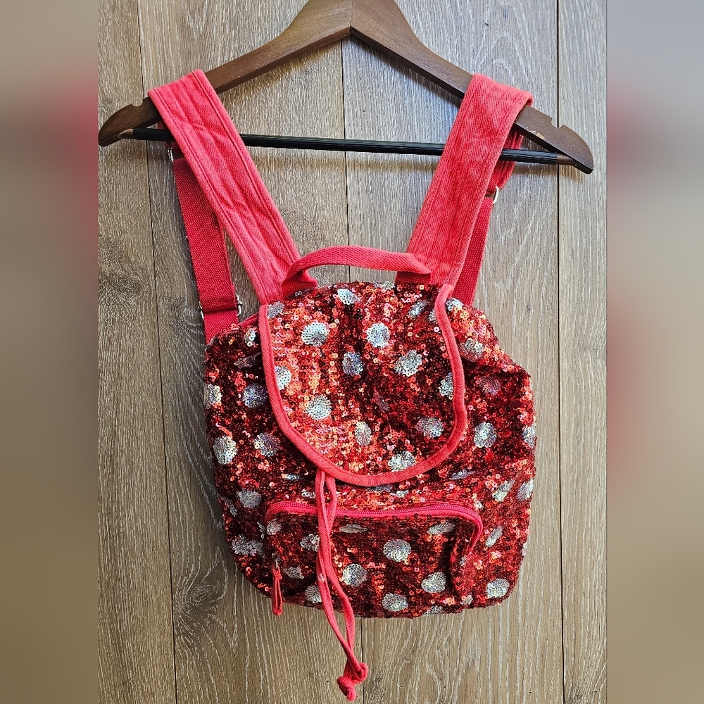 Disney Parks Minnie Mouse Red Sequined Polka Dots Drawstring Backpack
